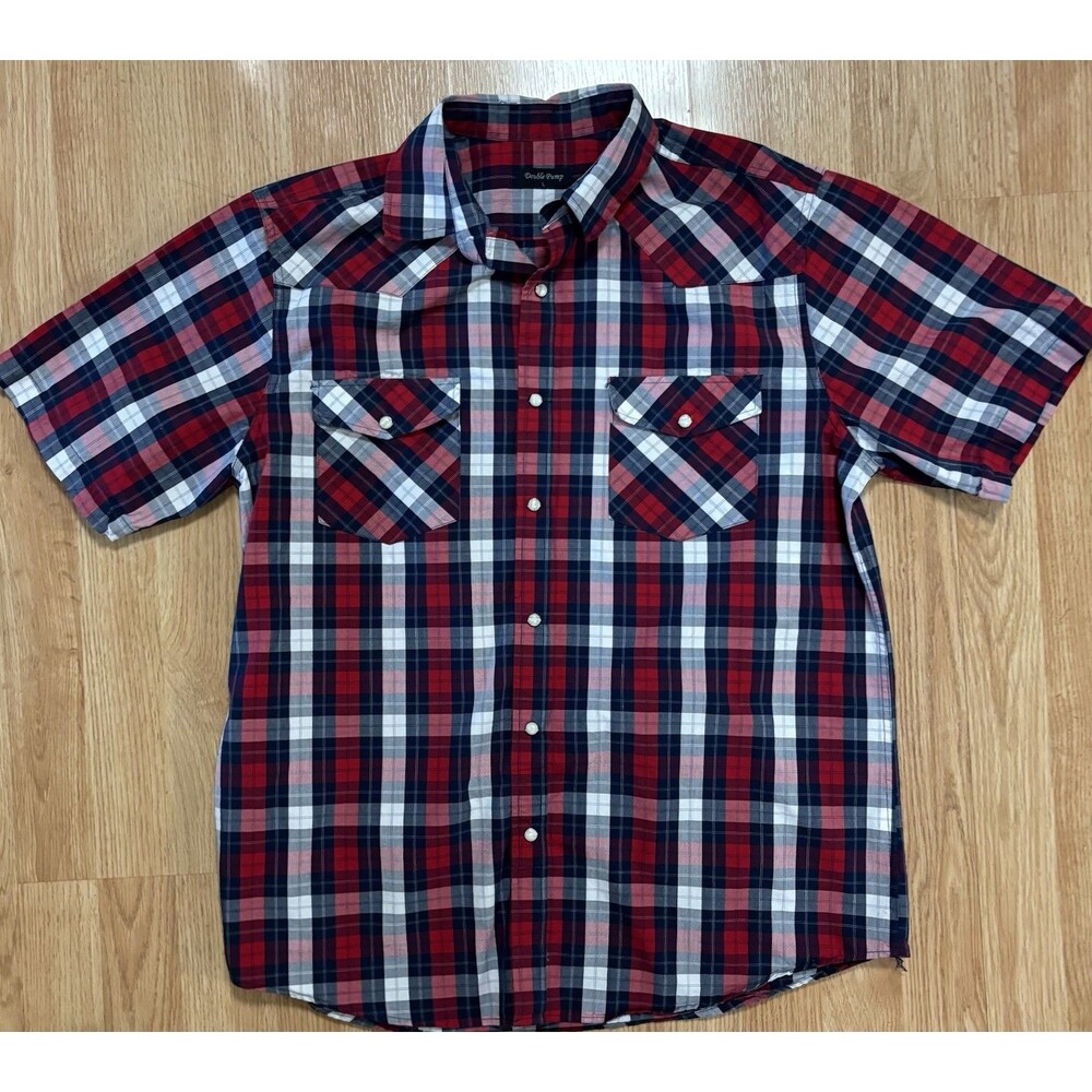 Double Pump Western Pearl Snap Shirt Large Mens Button Up Plaid Red White Blue